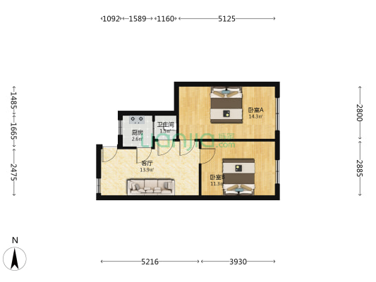 水井巷20号 2室1厅1卫 64平方
