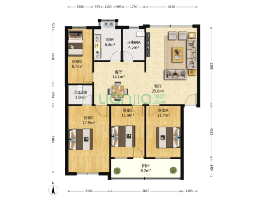 杜甫公寓 4室2厅2卫 132平方