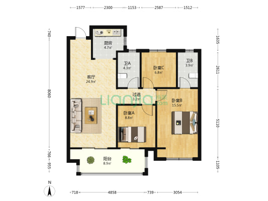 中国铁建北海书院 3室1厅2卫 107平方