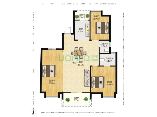 绿地国际理想城三期 3室1厅2卫 132平方
