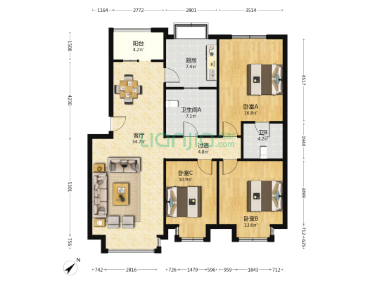 兴旺花园 3室1厅2卫 123平方