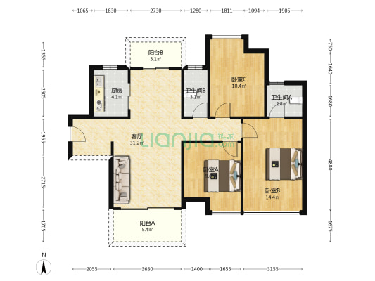 嘉悦名苑 3室1厅2卫 106平方