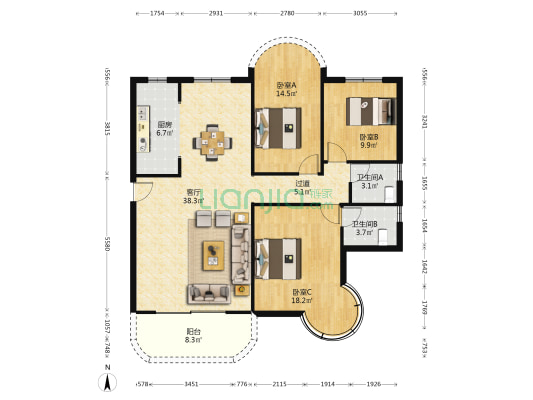 鑫业花园 3室1厅2卫 140平方