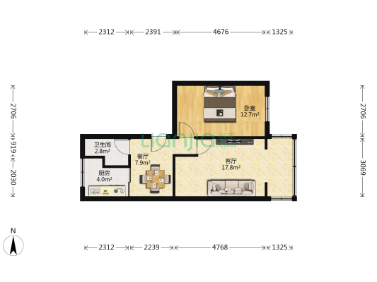 皮塑研究院家属院（柏道路） 1室2厅1卫 57平方