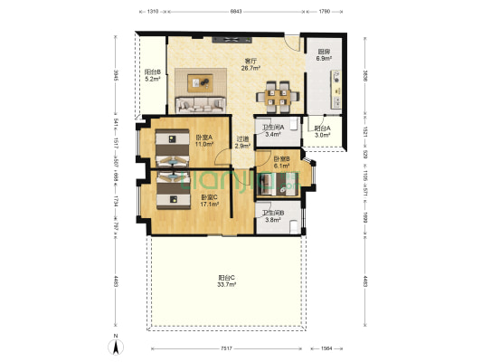 彩云居 3室1厅2卫 93平方
