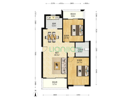 横扇中央广场 2室1厅1卫 135平方