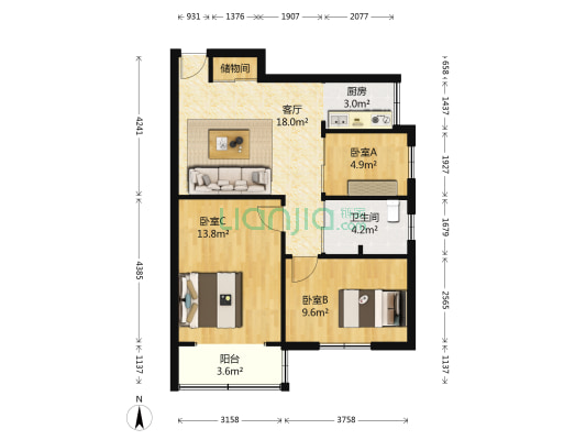 樱驼花园颂和园 3室1厅1卫 69平方