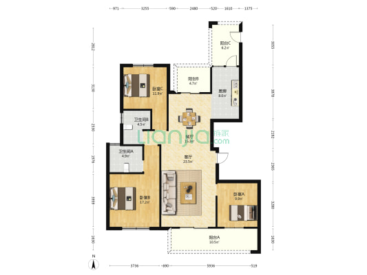 绿城明月春江 3室2厅2卫 141平方