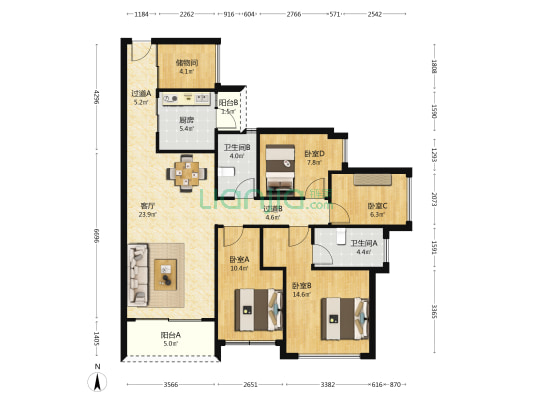 珠江花城三四期 4室1厅2卫 118平方