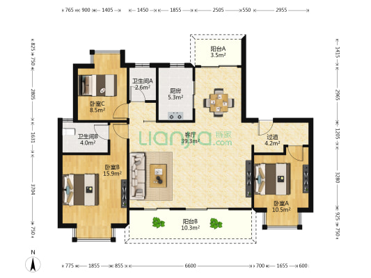 华侨城万科云峰 3室1厅2卫 129平方