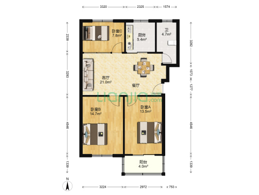 飞虹新村一区 3室1厅1卫 83平方