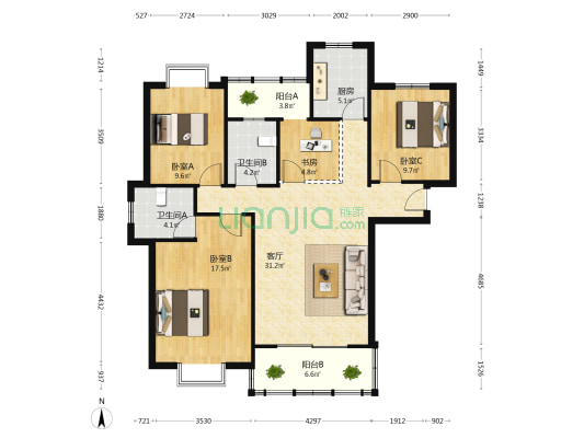 华成嘉园 4室1厅2卫 125平方