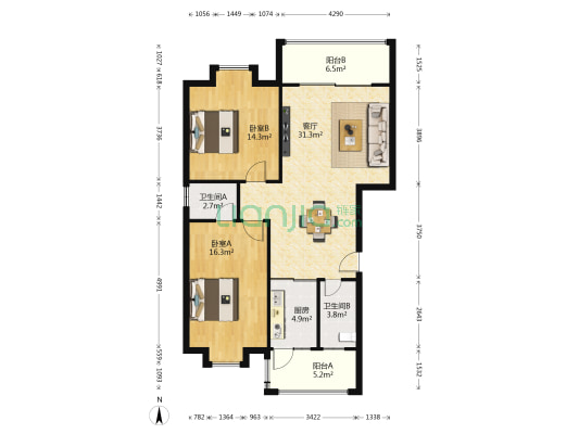 鸿兴公寓 2室1厅2卫 102平方