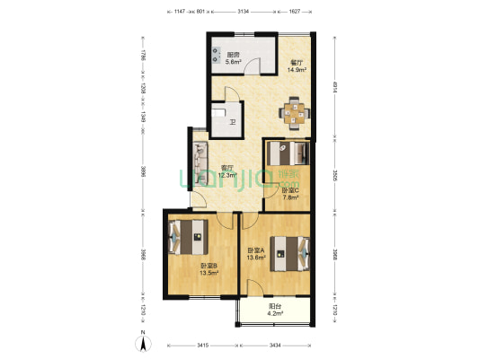 双灯小区 3室2厅1卫 76平方