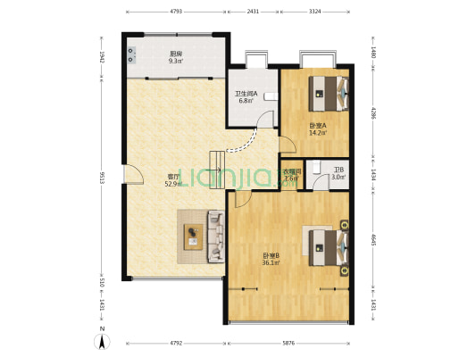 开元 2室1厅2卫 146平方