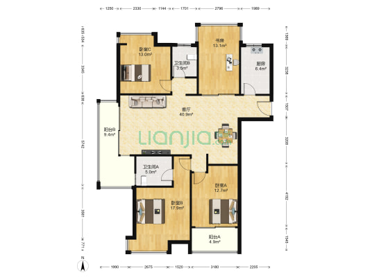 自由水岸花园 4室1厅2卫 134平方