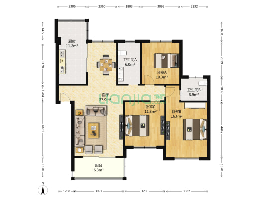 卫东花园一期 3室1厅2卫 118平方