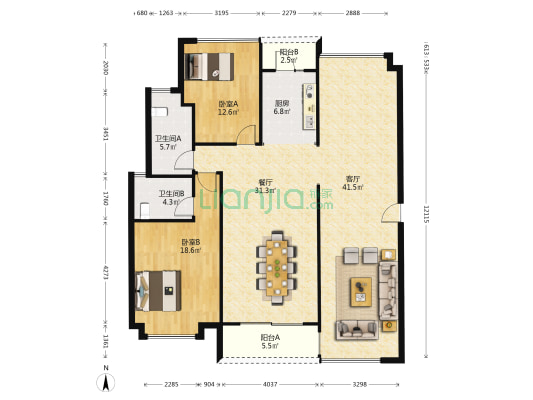 金宇锦园 2室2厅2卫 119平方