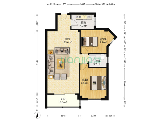 龙湖花园二期 2室1厅1卫 83平方