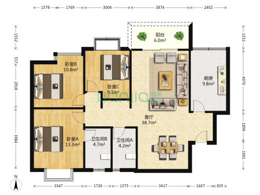 拜赞庭 3室1厅2卫 117平方
