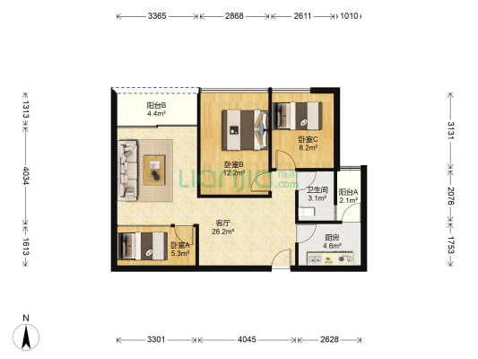 建业大厦 3室1厅1卫 86平方