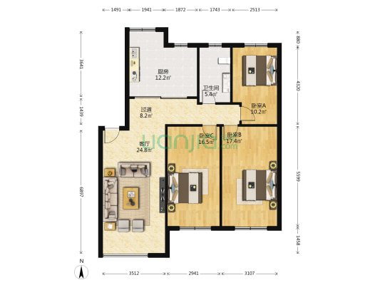枫合苑 3室1厅1卫 124平方
