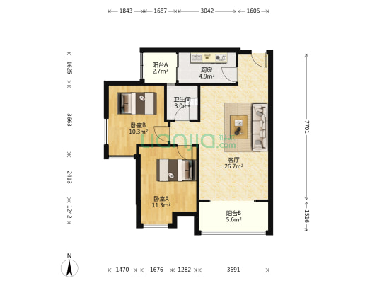 弗客水岸 2室1厅1卫 80平方