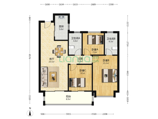 龙湖日盛奕境 3室1厅2卫 107平方