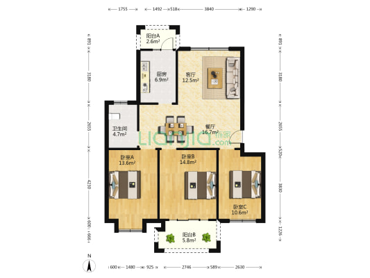海秀花园 3室2厅1卫 102平方