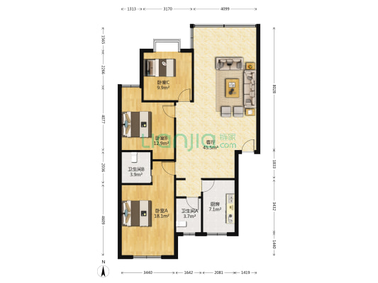 新星家园 3室1厅2卫 122平方