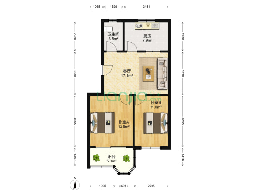 通源新村 精装修两房小户型采光全天 拎包入住-户型图