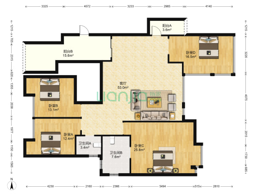 同天依云郡 4室1厅2卫 166平方