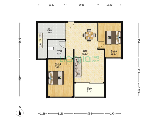 舜景中央名府 2室1厅1卫 97平方