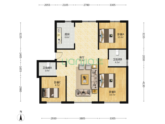 汇智环球金贸城二期 3室1厅2卫 125平方