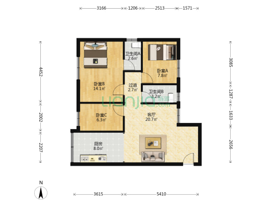 信晖楼 3室1厅2卫 75平方