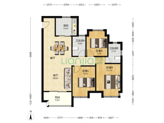 万达未来城 3室1厅2卫 96平方