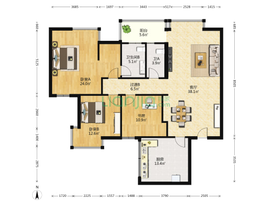 香榭丽花园 3室1厅2卫 149平方