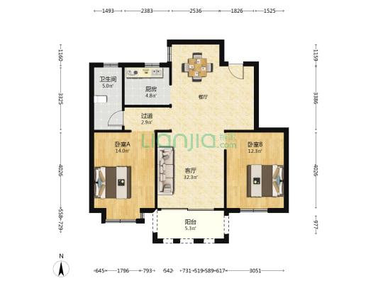 文景学府 2室1厅1卫 107平方