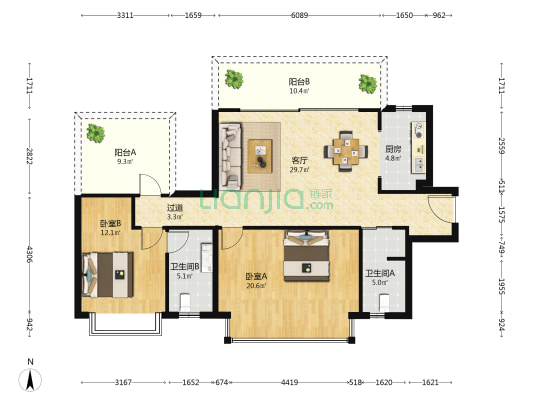 金地宝塔风华府 2室1厅2卫 106平方