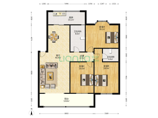 黄河路123号院 3室1厅2卫 147平方