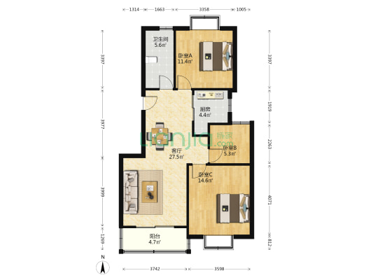 水韵绿城 3室1厅1卫 98平方