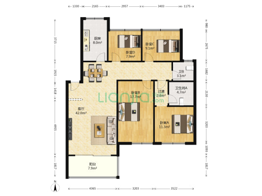 江滨玫瑰园 4室1厅2卫 114平方