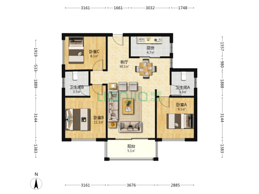 云开一品樾玺 3室1厅2卫 96平方
