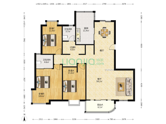 翠竹园C区 3室1厅2卫 159平方