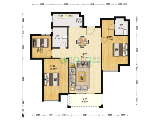 兴瓯小区 3室1厅2卫 130平方