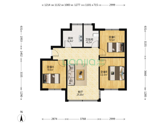 慈竹苑 3室1厅1卫 87平方