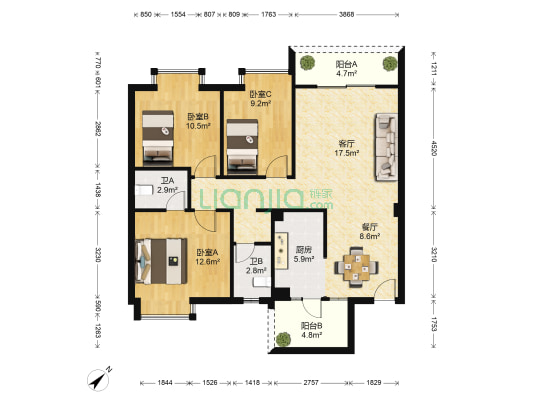 红星小区 3室2厅2卫 94平方