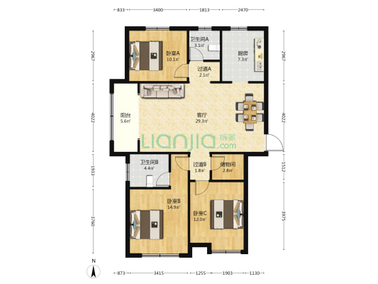 汉光华府 3室1厅2卫 137平方