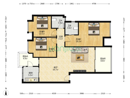 秀丽花园 3室1厅2卫 117平方