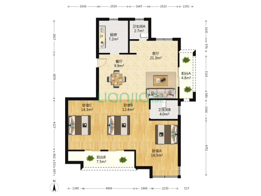 新塍花园 3室2厅2卫 121平方